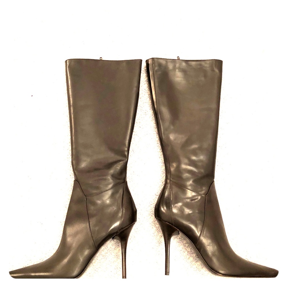 CHARLES DAVID:  Brown Pointy Toe Knee High Boots.